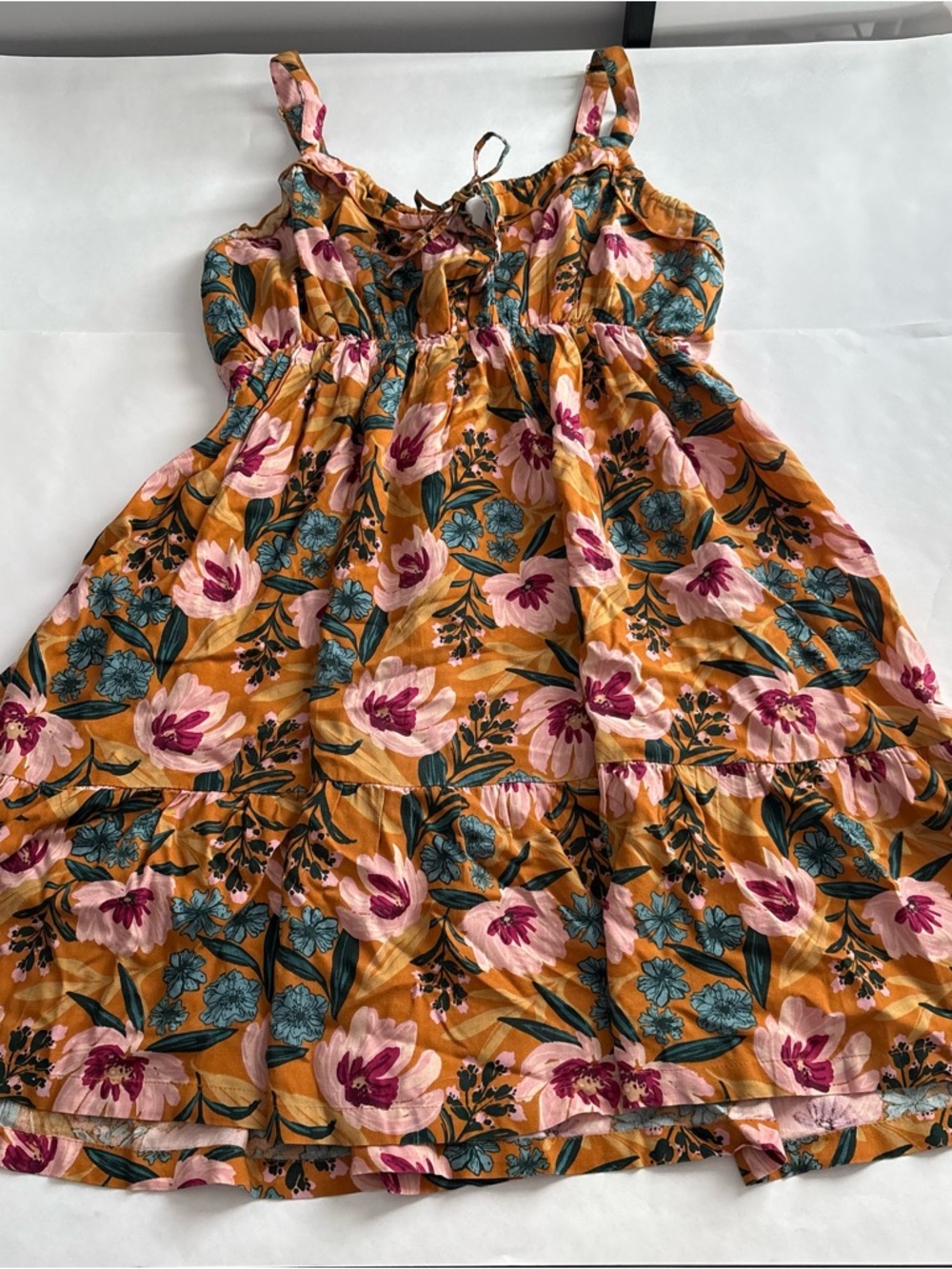 NATURAL LIFE Mustard Floral Tiered Sundress with Pink & Teal blooms